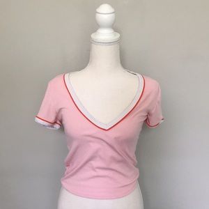 Ribbed bubble gum pink v neck top